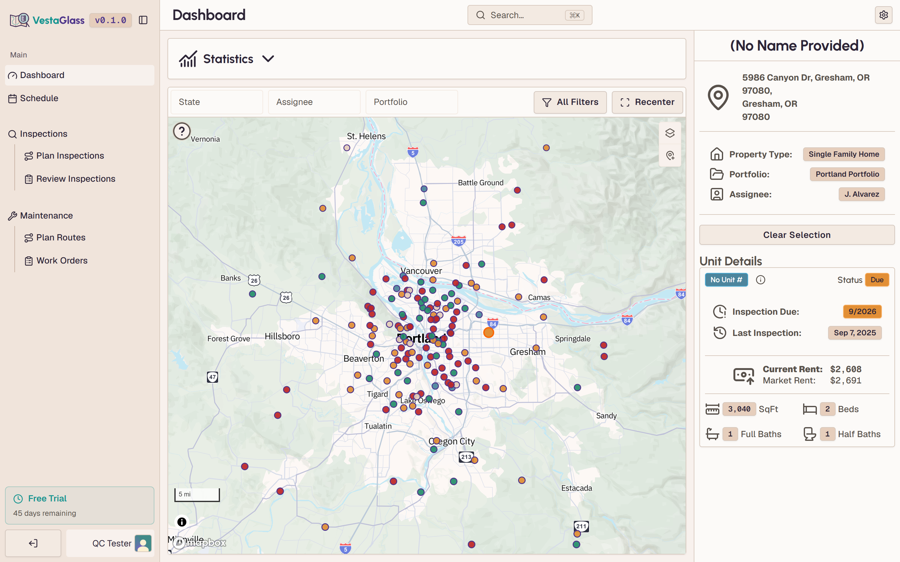 The VestaGlass dashboard: a Portland-area portfolio on one map, each pin coloured by inspection status, with the selected property's inspection dates and rent beside it.