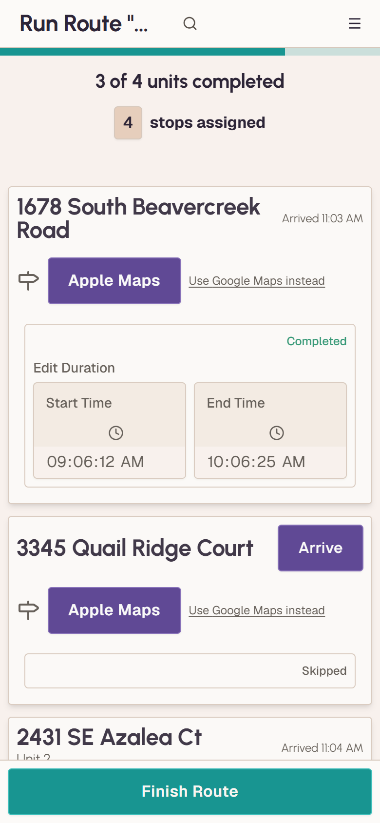 The run screen on a phone: three of four units completed, a stop showing 'Arrived 11:03 AM' with buttons for Apple Maps and Google Maps, and a Finish Route button pinned to the bottom.