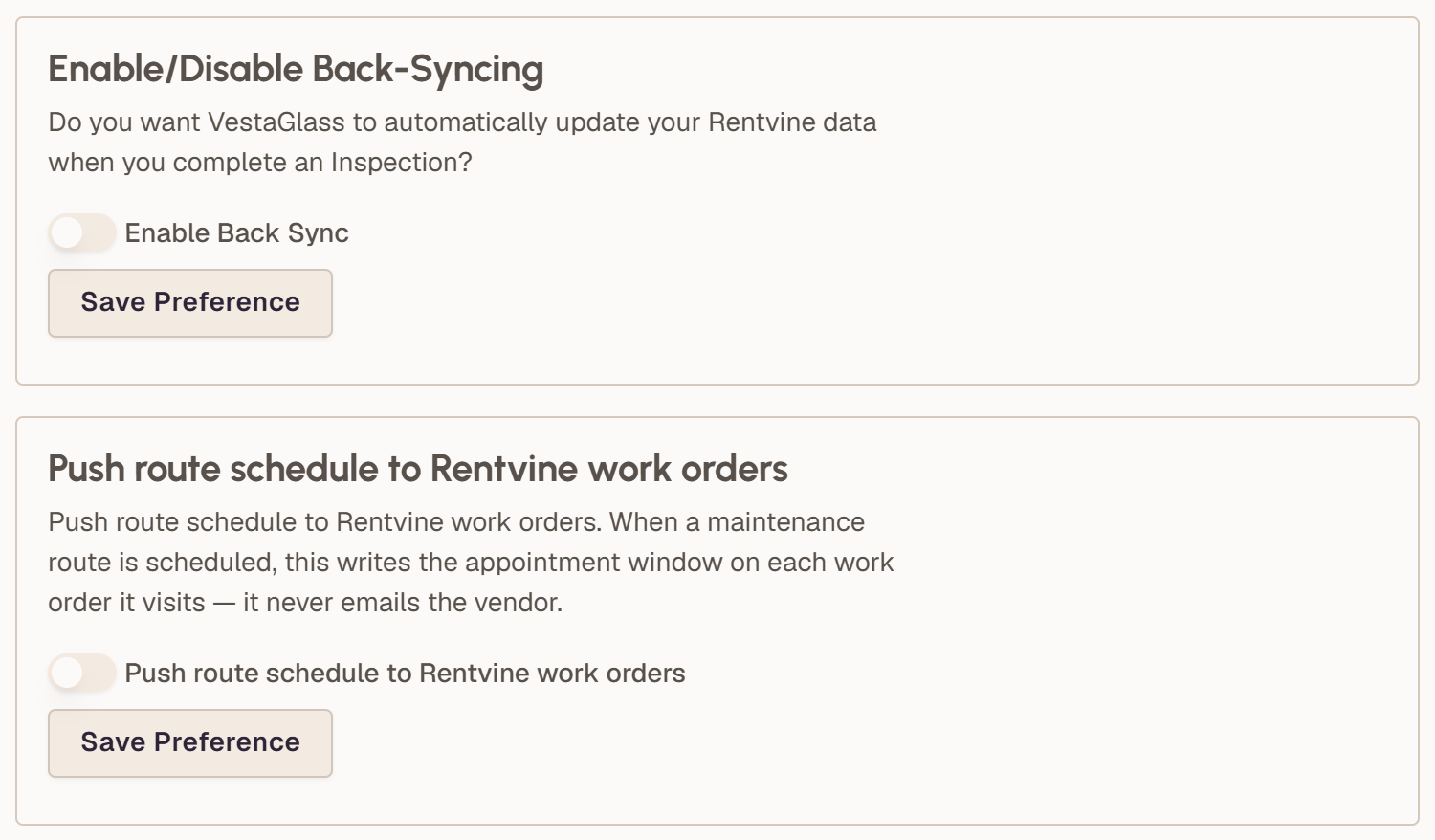 Two VestaGlass settings, both switched off: 'Enable/Disable Back-Syncing', which updates Rentvine when an inspection is completed, and 'Push route schedule to Rentvine work orders', which writes the appointment window on each work order a maintenance route visits.