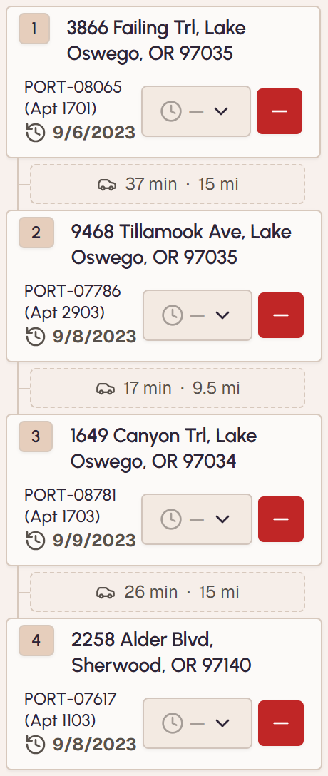Four numbered inspection stops with the drive time between each: 37 minutes and 15 miles from the first stop to the second, 17 minutes and 9.5 miles to the third.
